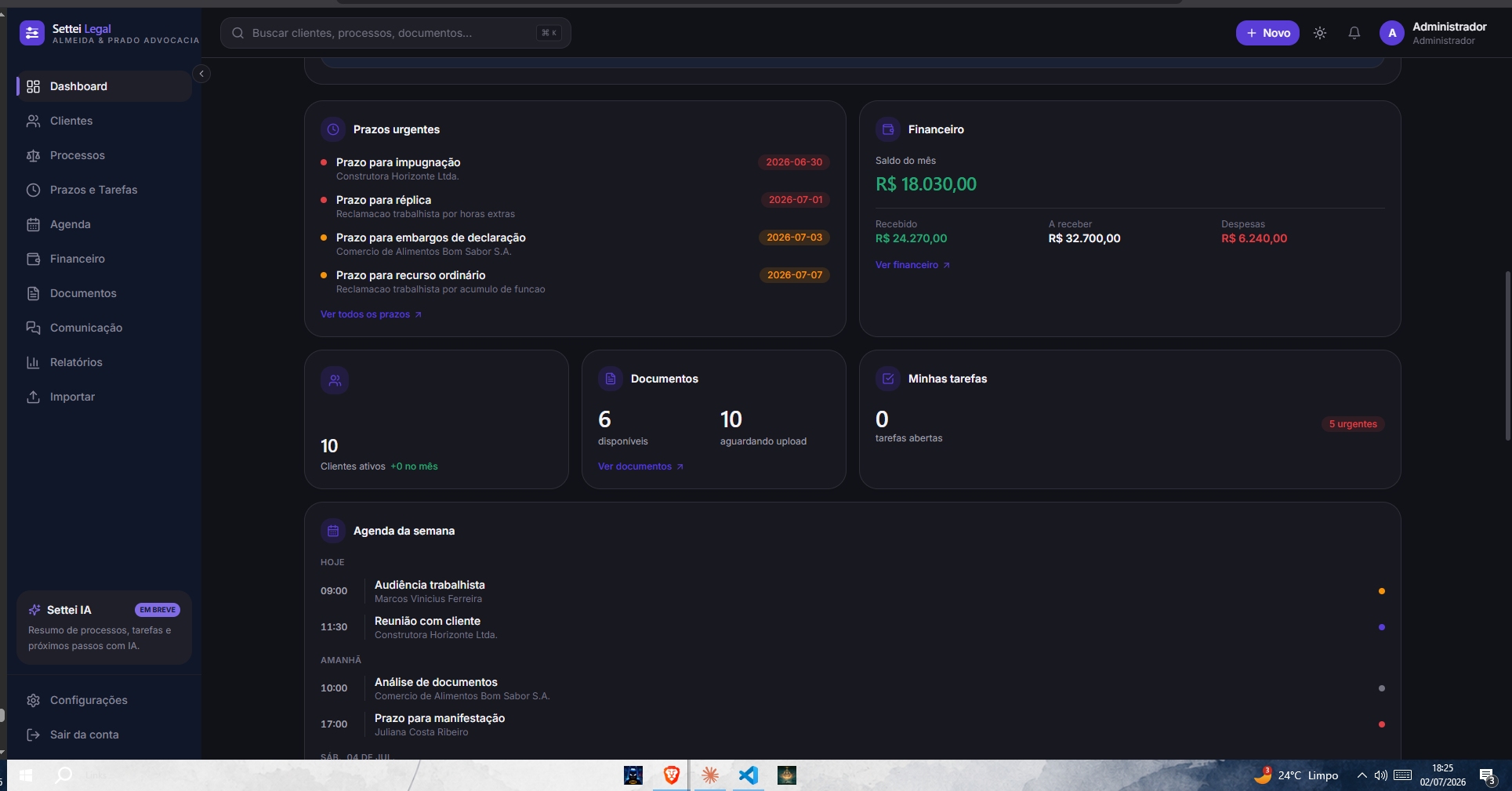 Dashboard em tema escuro da Settei